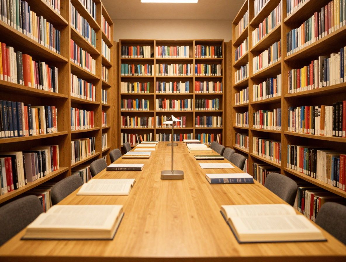 Wide angle view of a quiet reading room with tall wooden bookshelves, a single long reading table with scattered open books and a low lamp, warm golden tones, calm institutional atmosphere suggesting deep study