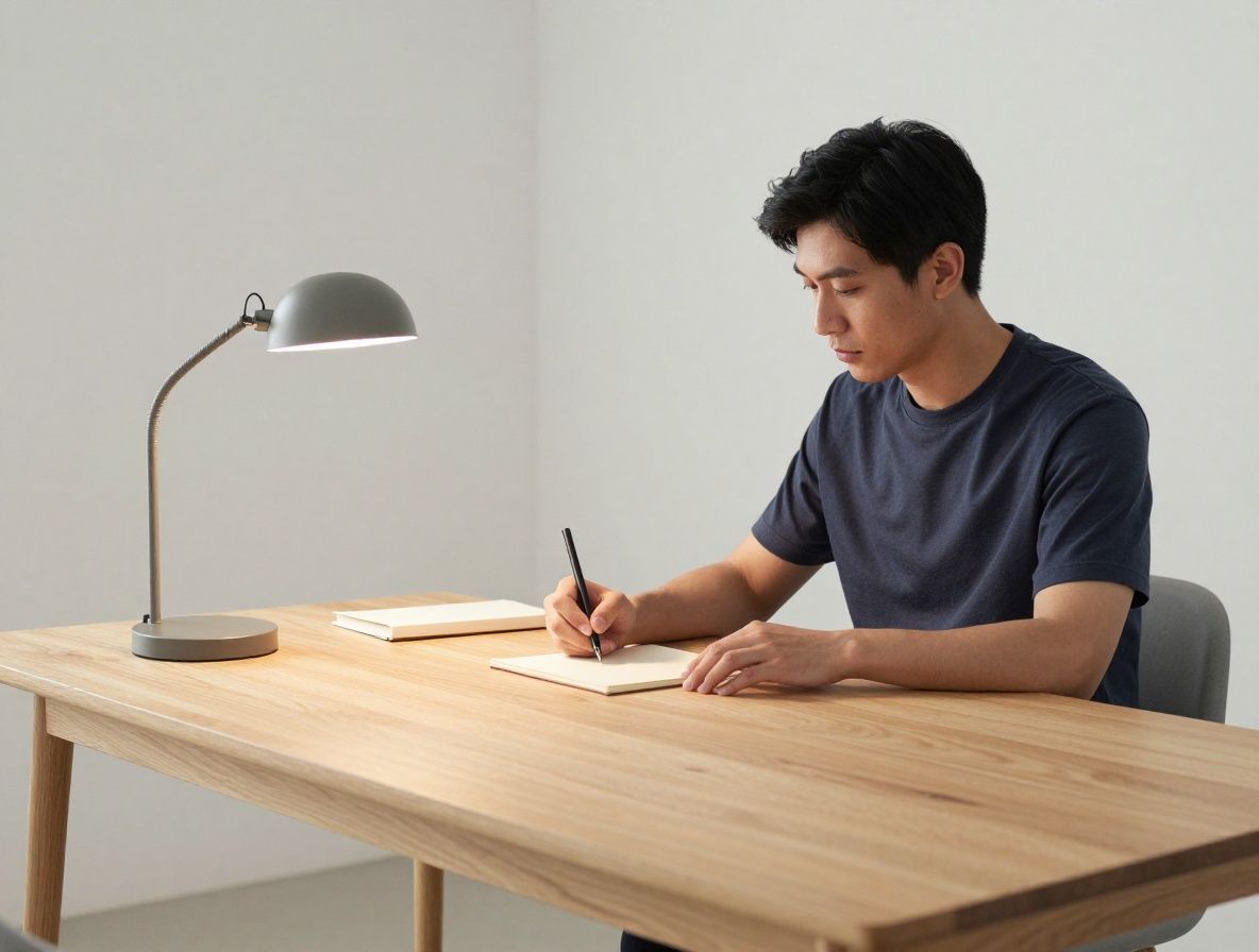 Man sitting alone at a minimalist wooden desk with a single lamp and notepad, focused expression, calm organised workspace with natural textures, early morning light