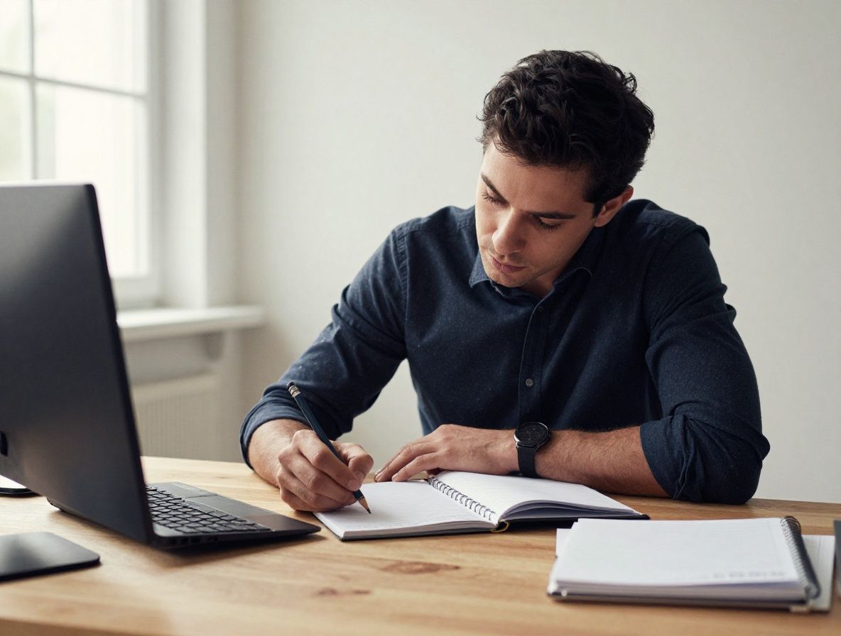 Man at a clean wooden desk writing in a structured planner with a pencil, morning light entering through a window, calm organised environment with minimal objects, focused deliberate posture