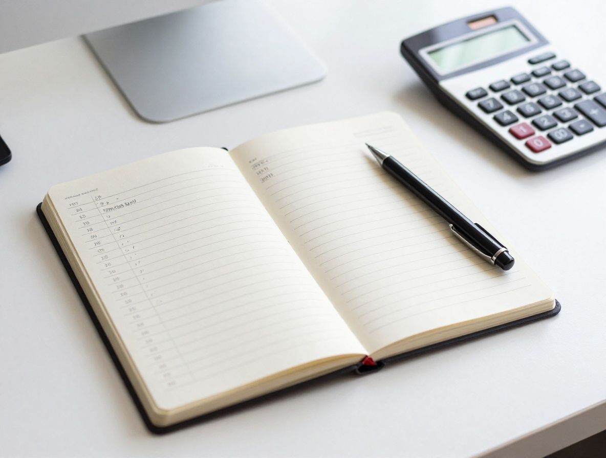 Open financial notebook with neat handwritten budget columns, a mechanical pencil, and a small calculator on a clean white desk, soft overhead light, professional and calm composition