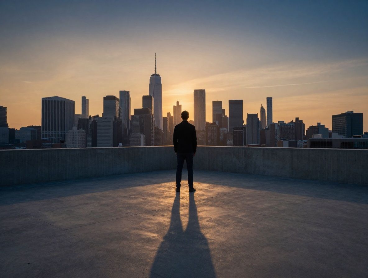Man standing at the edge of a wide open concrete terrace overlooking a dense urban skyline at dusk, warm amber and deep blue tones in the sky, solitary contemplative posture, cinematic framing with long shadows