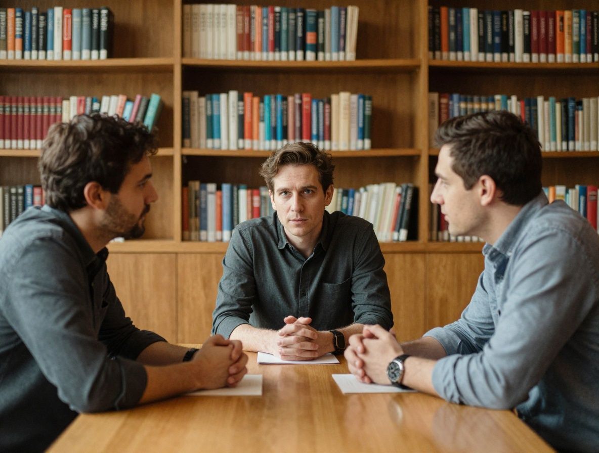 Two men seated at a wooden table in a quiet library setting, engaged in calm discussion, bookshelves in background, warm directional lighting creating a contemplative, intellectually focused atmosphere
