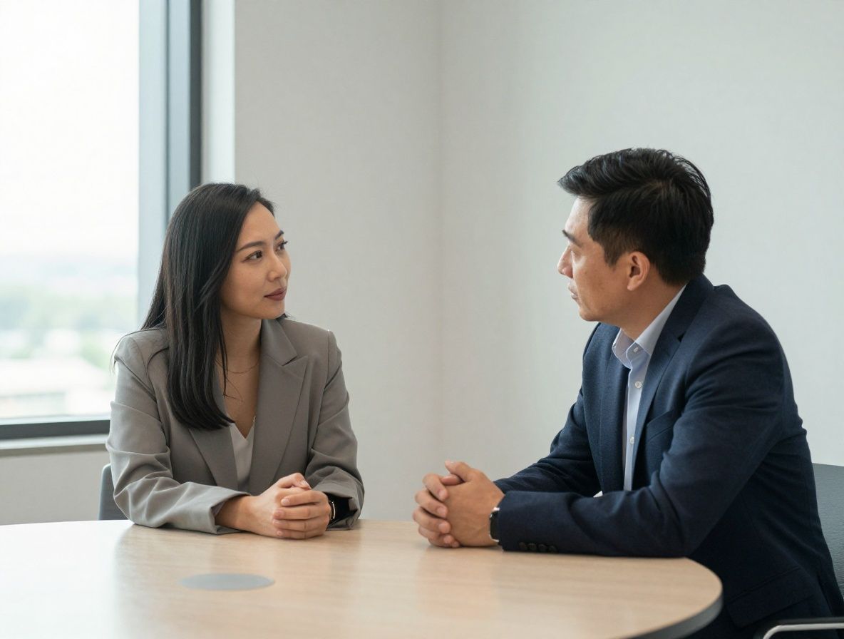 Two people engaged in a calm conversation at a round table in a neutral office room, face-to-face posture, natural window light, clean minimal space suggesting thoughtful communication